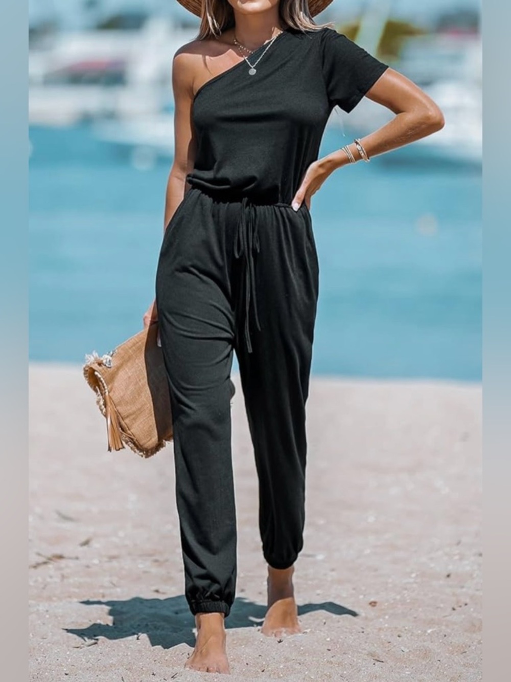 Cupshe One Shoulder Drawstring Jogger Long Romper Maxi Jumpsuit w Pockets